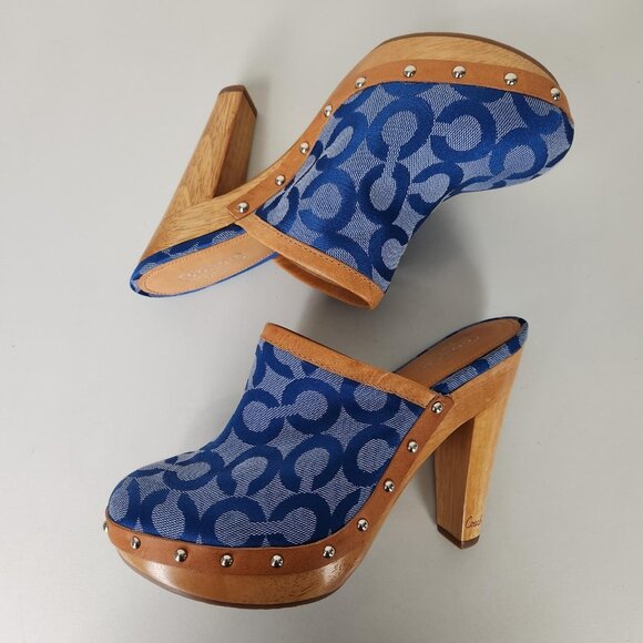 Coach Bacall Clog Shoes Womens Size 7.5 Blue Signature Canvas Wood Heel Platform - Picture 7 of 10